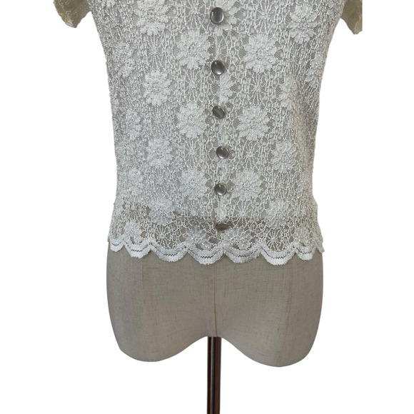 Vtg 90s Lace Top Crop Floral Scalloped Hem Pearl Buttons Sz M Romantic Y2K - Picture 4 of 6